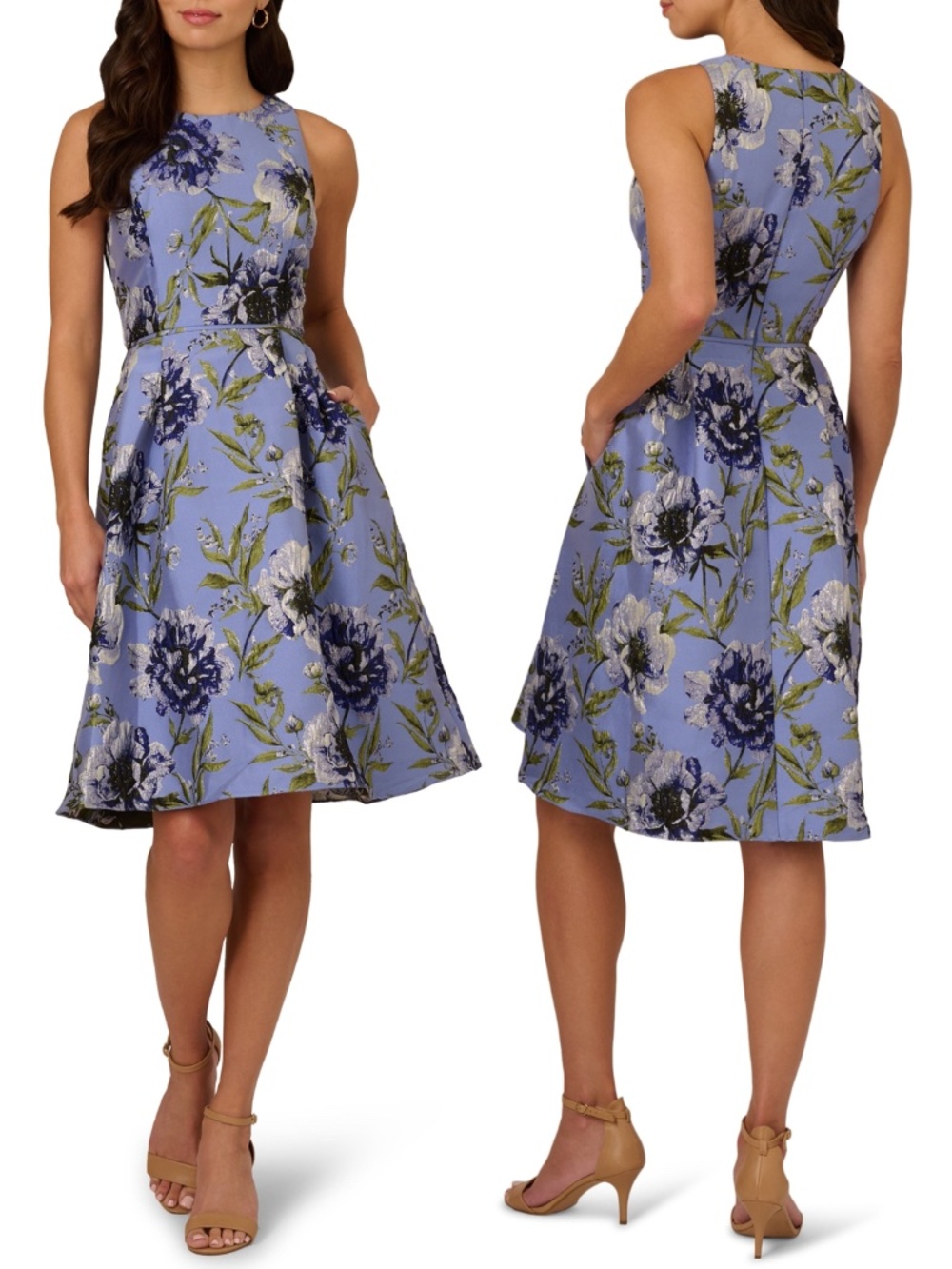NEW Adrianna Papell BLUE Multi METALLIC Floral JACQUARD Pleat COCKTAIL DRESS 14